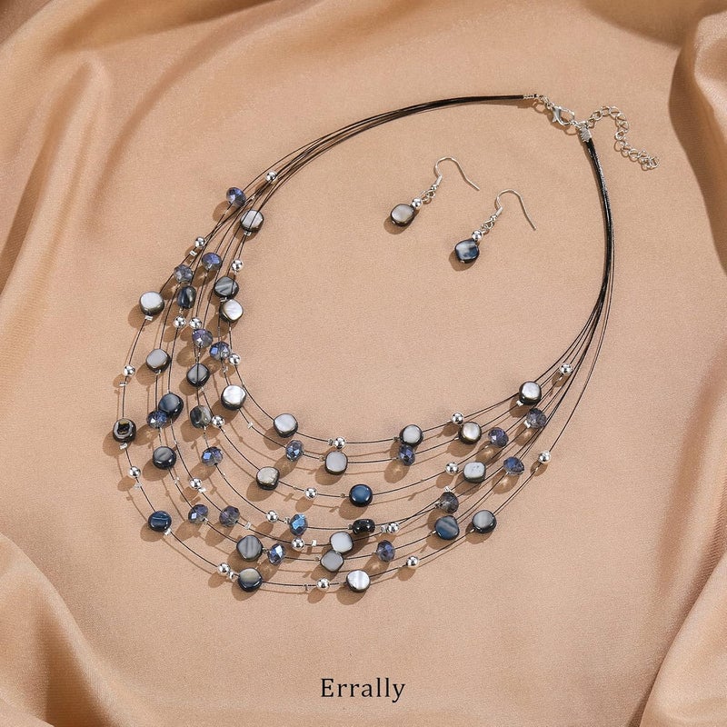 Errally Store Multi-Layer Boho Shell Beaded Necklace for Women Colorful Crystal Strand with Silver Beads Statement Collars Necklace and Earrings Costumes Jewelry Sets for Women - Image 2